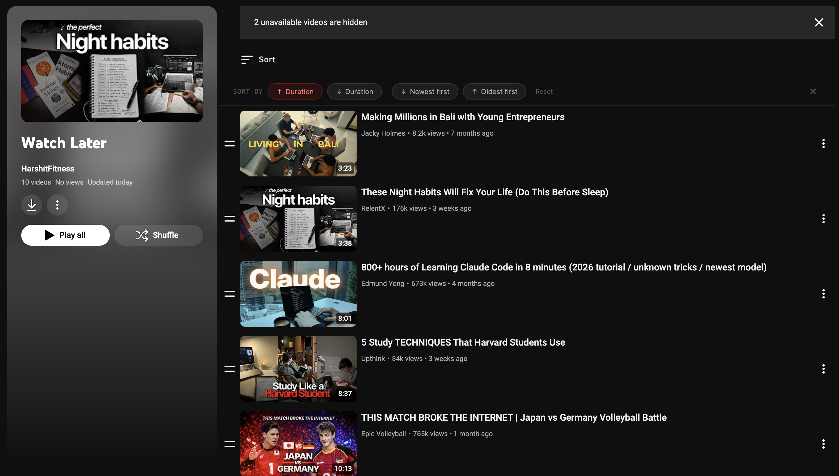 Sort videos by duration or date